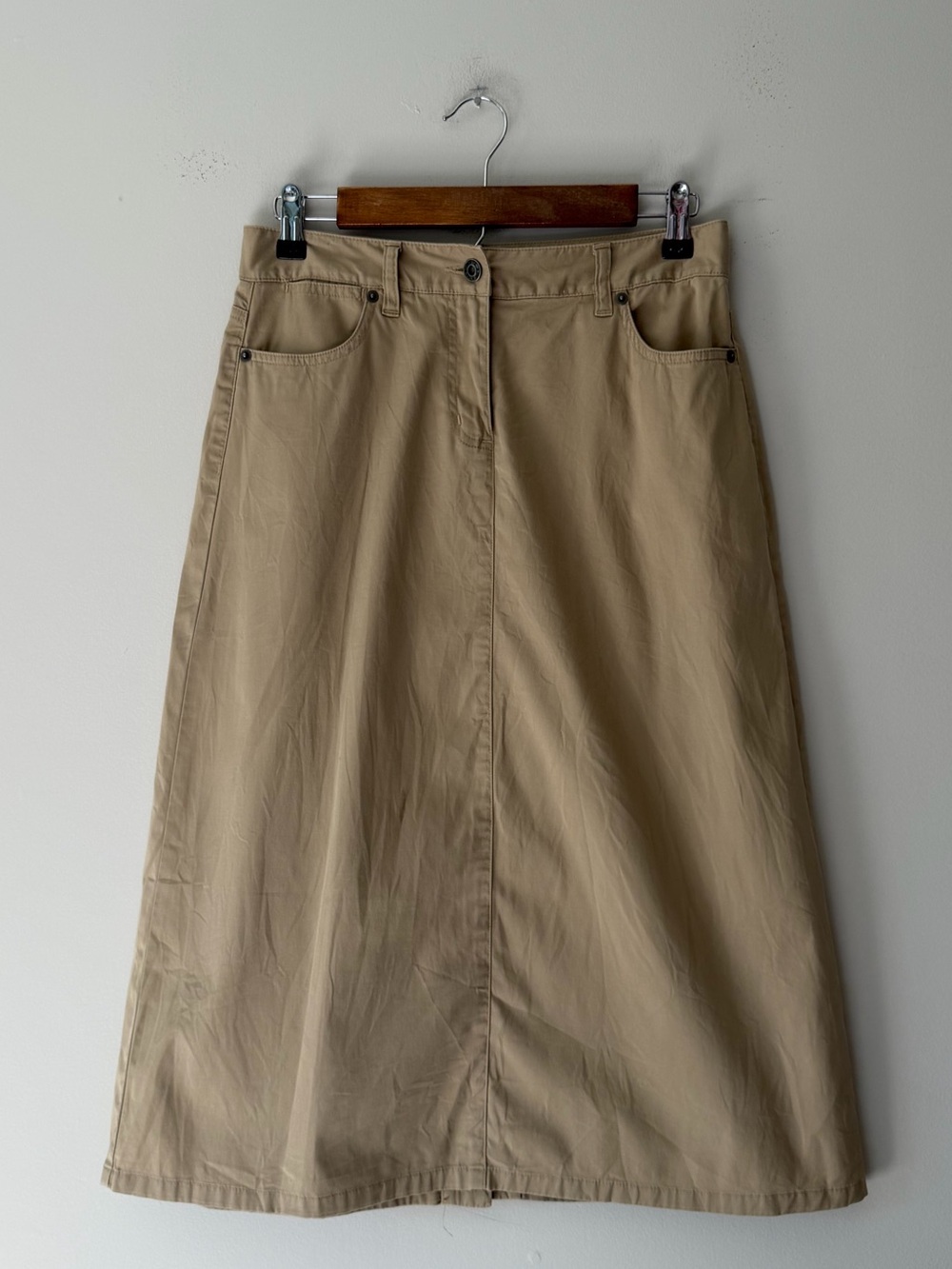 Talbots Stretch Khaki A-Line Midi Skirt Size 4 Cotton Blend